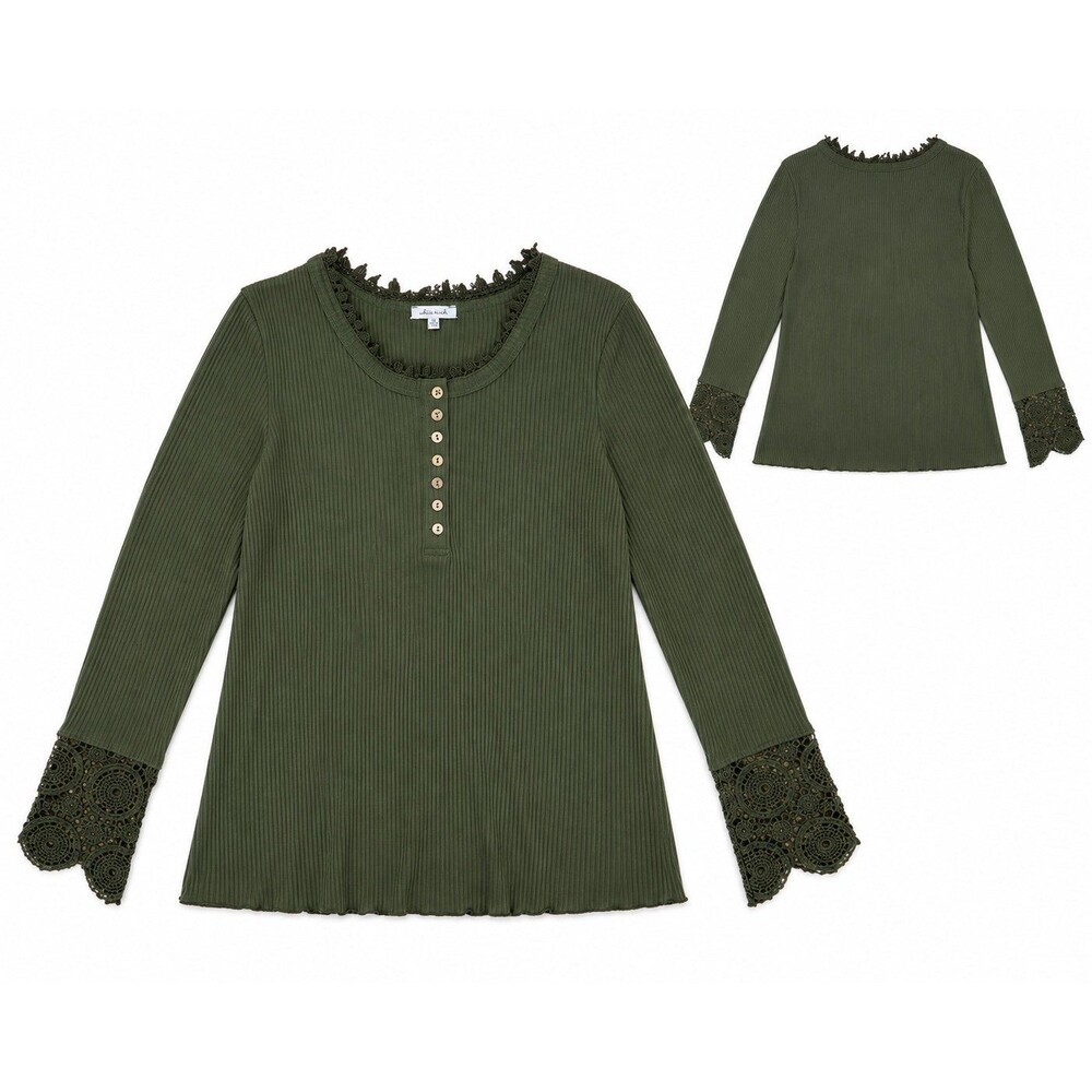 White Birch 1X Olive Green Ribbed Henley Top Crochet Lace Bell Sleeve Plus Size